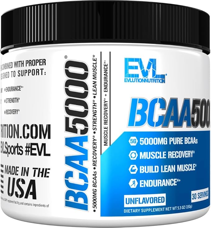 Evlution EVL BCAAs Amino Acids Powder - BCAA Powder Post Workout Recovery Drink and Stim Free Pre Workout Energy - 5g Branched Chain Amino Acids Supplement for Men - Unflavored