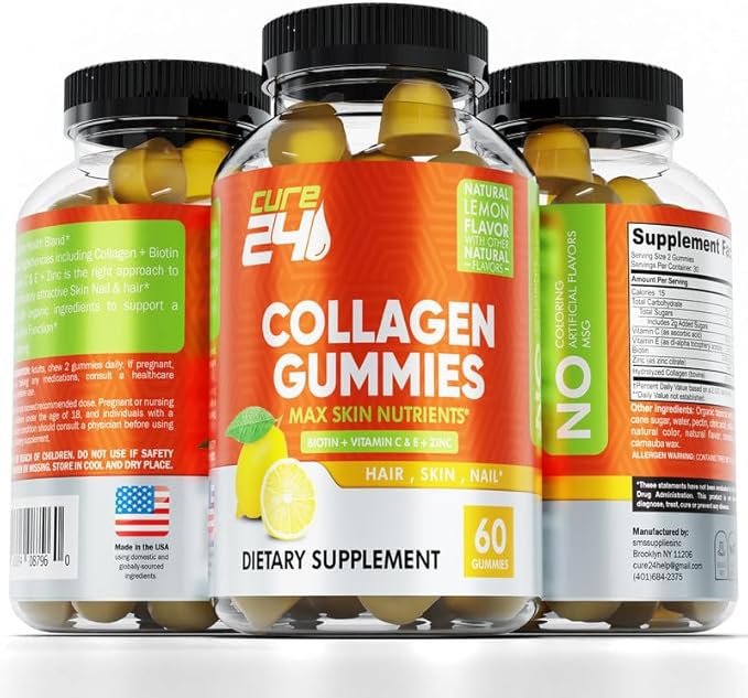 Collagen Gummies with Zinc, Vitamin C and Biotin, Collagen Peptides Supplement Promotes Hair, Nail, Skin, Bone and Joint Health Support, Made in USA 60 Gummies