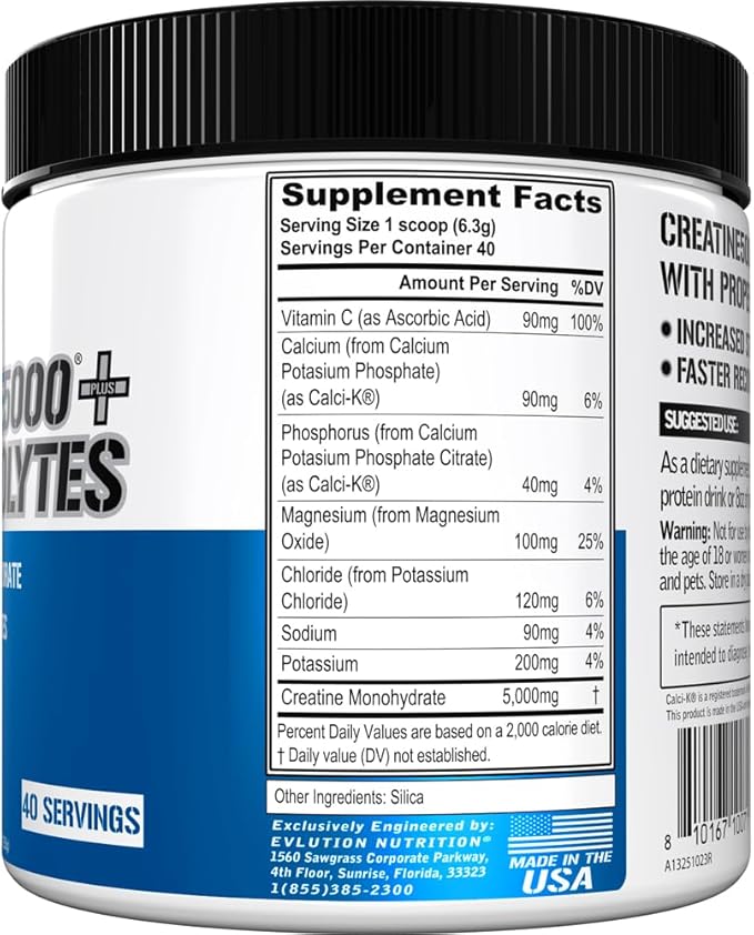 Evlution Nutrition Creatine 5000 + Electrolytes - Supports Faster Recovery, Lean Muscle Growth & Hydration - 5g Creatine Monohydrate & 6 Key Electrolytes Per Serving - 40 Servings - Unflavored Powder