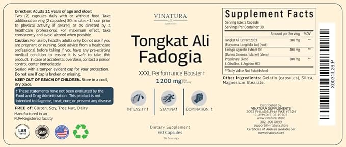 Tongkat Ali Fadogia Agrestis - 1200mg, Enhanced with Nitric Oxide Booster Supplement, Longjack Tongkat Ali for Men, *USA Made and Tested*, 60 Capsules