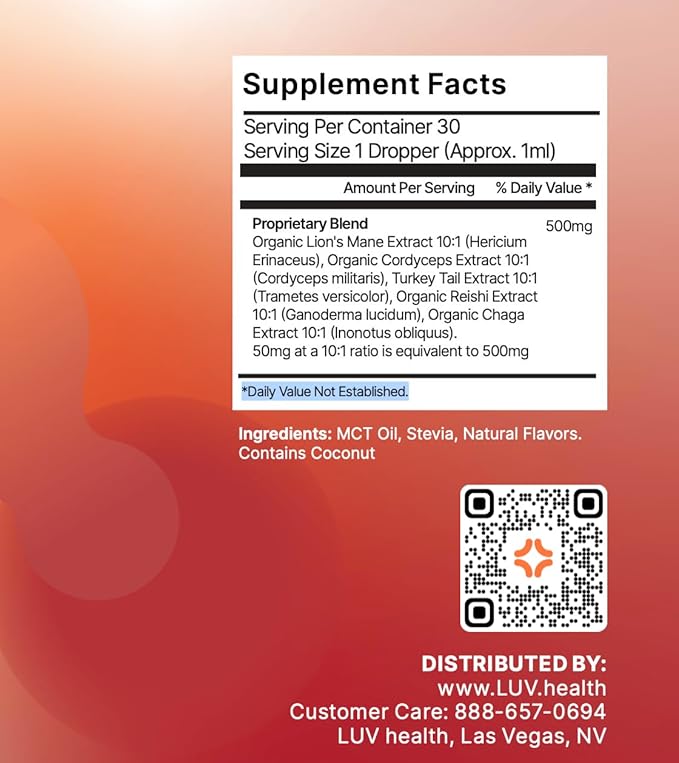 LUV Flow Drops®: Adaptogen Mushroom Blend for Mental Clarity & Energy, Vegan Keto, Focus & Immunity Support, Lion's Mane, Cordyceps, Reishi, USA Made, Non-GMO, 4-Pack 120 Servings