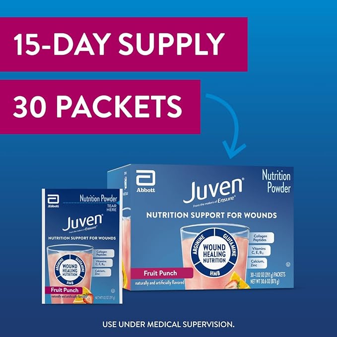 Juven Therapeutic Nutrition Drink Powder Including Collagen Peptides, Amino Acids, and HMB For Wound Healing Support, Fruit Punch, 30 Packets