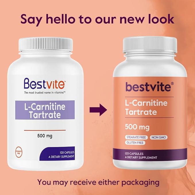 BESTVITE L-Carnitine Tartrate 500mg per Capsule (120 Capsules) - No Stearates - Non GMO - Gluten Free