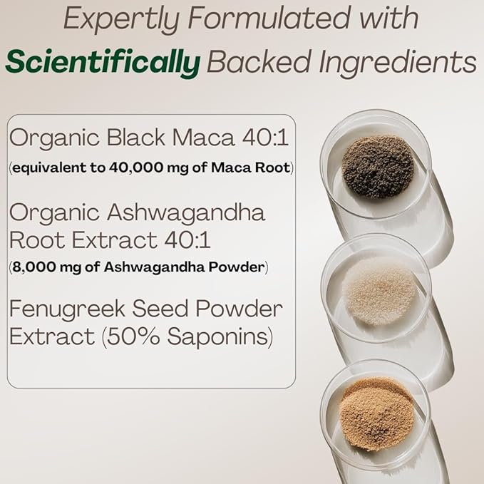 MACAPLUS+ 40,000mg 40x Strength Organic Black Maca Root + Ashwagandha + Fenugreek - #1 Highest Potency Black Maca Root Capsules for Men and Women Supplement 100% Pure Maca Peruana 40:1 Powder Pills