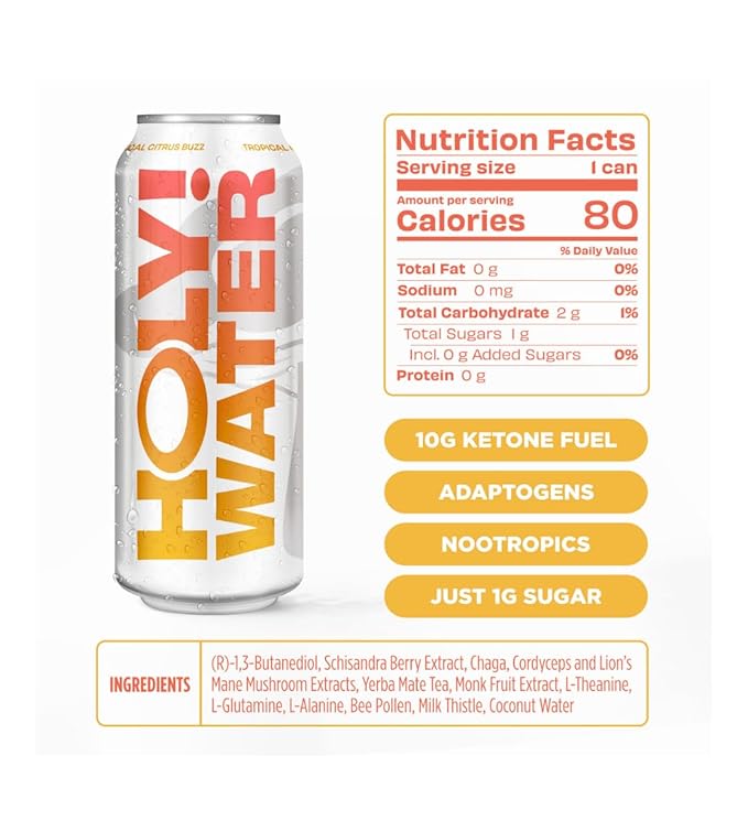 Holy! Water - Ketone Hydration with Nootropics, Adaptogens and Functional Mushrooms for Mood Boosting, Fat Burning, Stress Relief, Fuel - Tropical Citrus (12 Cans) (12 Pack) *Ketones are potent and the tatse profile is for full function*