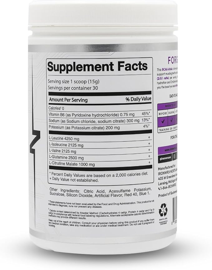 BCAA Powder | Grape Flavor | 30 SERVINGS | Zero Sugar | 2:1:1 Leucine, Valine, and Isoleucine Ratio with Citrulline Malate and L-Glutamine | Muscle Growth, Recovery, and Soreness Support