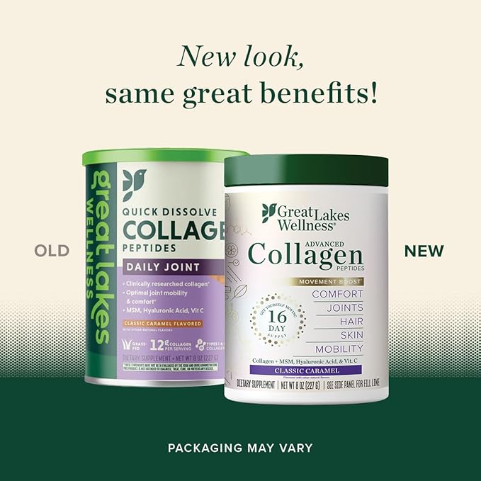 Great Lakes Wellness Movement Boost Advanced Collagen Peptides Powder with MSM, Hyaluronic Acid, Vitamin C - Joint Mobility & Comfort - Caramel Flavored - Non-GMO, Keto, Kosher - 8 oz