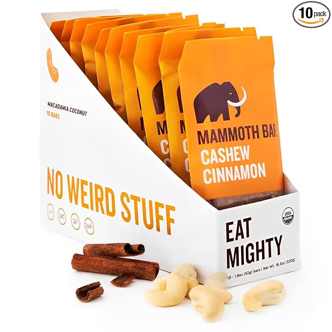 Cashew Cinnamon Bar- Organic, Paleo, Gluten Free and Raw by Mammoth Bar, 10-12g Protein, 1.8 Oz. Bar (10 Bars) …