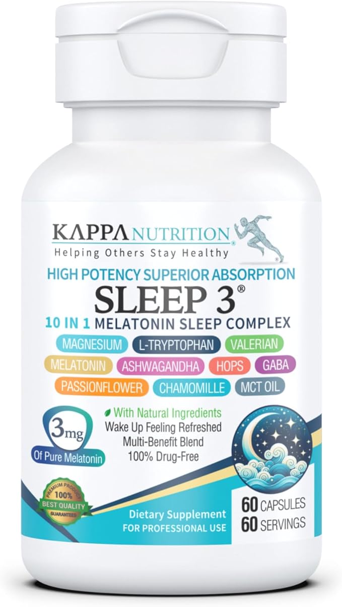 KAPPA NUTRITION Sleep 3, Sleep Aid, 3mg of Melatonin, 60-Day Supply, Non-Habit Forming Vegan Capsules Natural Ingredients for Easier Bedtime, Herbal Supplement, Valerian Root, Chamomile Non-GMO