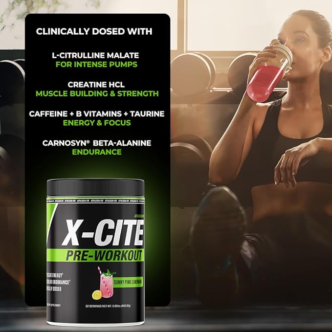 X-CITE Pre-Workout by ATHLEAN-X - Enhanced Formula with Beta-Alanine, Creatine & Caffeine for Ultimate Energy, Endurance, Focus & Muscle Pump, NSF Certified (22 Servings, Sunny Pink Lemonade)
