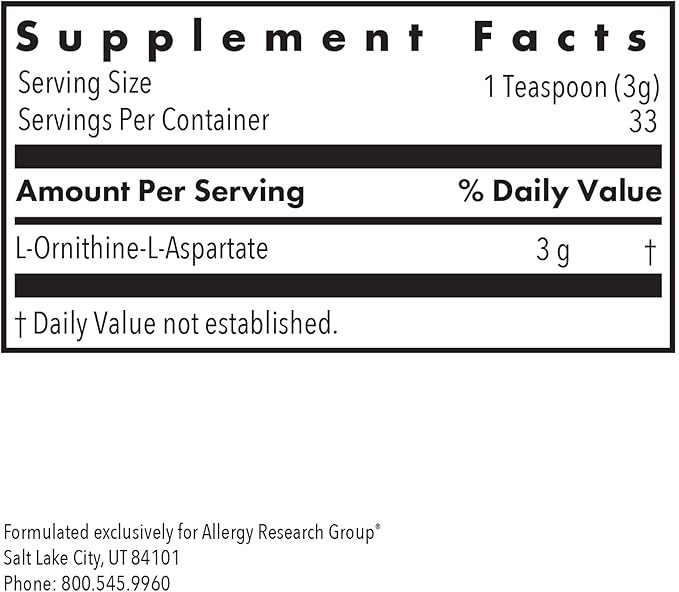 Allergy Research Group L-Ornithine-L-Aspartate Powder - Liver Detox Support Metabolite, Amino Acid Complex, Pure, 3000mg Supplement - 3.5 Oz