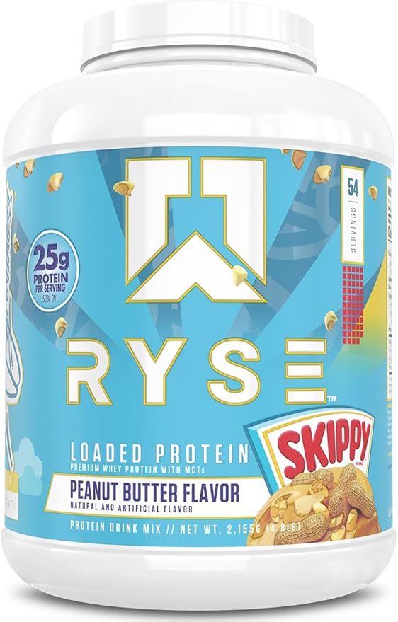 Ryse Loaded Protein Powder - Skippy Peanut Butter - 25g Whey Protein Isolate & Concentrate with Prebiotic Fiber & MCTs - Low Carb, Low Sugar, Digestive-Friendly - 54 Servings / 4 lb Tub