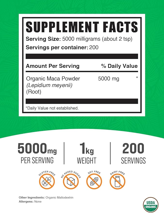 BulkSupplements.com Organic Maca Powder - Maca Supplement, Maca Root Powder - Superfood, Maca Powder Organic - Gluten Free, 5000mg per Serving, 1kg (2.2 lbs) (Pack of 1)