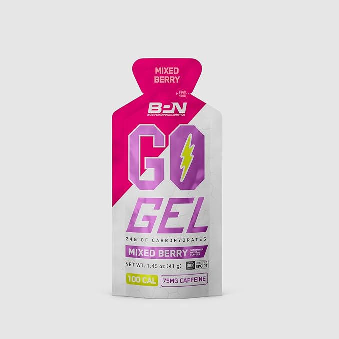BARE PERFORMANCE NUTRITION, BPN Go Gel Endurance, 24g of Carbohydrates & 100 Calories per Pack, Vegan + Gluten Free Running Gel, 10 Single-Serving Packs, Caffeinated Mixed Berry