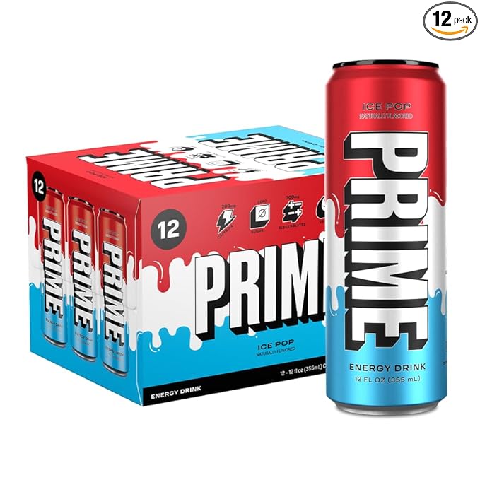 PRIME Energy ICE POP | Zero Sugar Energy Drink | Preworkout Energy | 200mg Caffeine with 355mg of Electrolytes and Coconut Water for Hydration| Vegan | Gluten Free |12 Fluid Ounce | 12 Pack