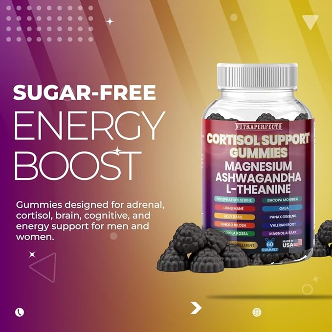 Sugar Free Gummies with GABA, L-Theanine, Lion’s Mane, Ashwagandha, Phosphatidylserine, Vitamin D3, B6, Panax Ginseng, Ginkgo Biloba for Men, Women Adrenal, Cortisol, Brain, Cognitive, Energy