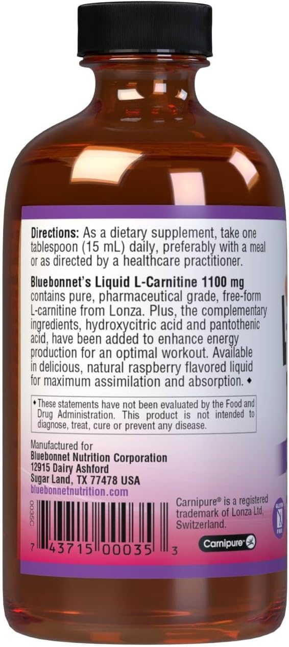 Bluebonnet Liquid L-Carnitine 1100 mg, Raspberry, 8 Fluid Ounce