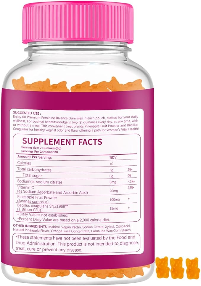 60 Feminine Vaginal Probiotics Gummies - 1 Billion CFUs Bacillus Coagulans + 100mg Pineapple Fruit Powder & Vitamin C for pH Balance, Vaginal Health, Immune Support | Vegan, Gluten-Free, USA Made