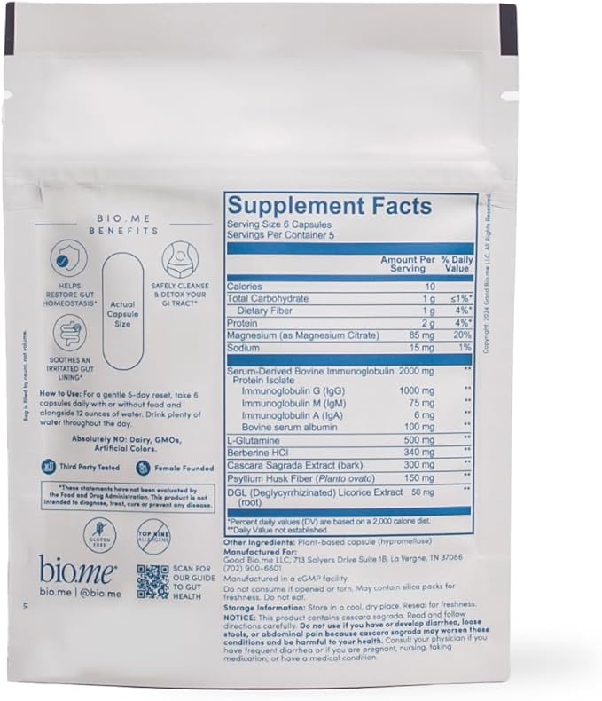 Biome Gut Cleanse Capsules (5 Day Cleanse, 1 Round, 30 Capsules) Gut Remedy with Magnesium Citrate, Berberine, Immunolin, L-Glutamine - Reset Digestive System, Rebalance Microbiome (1 Month Supply)