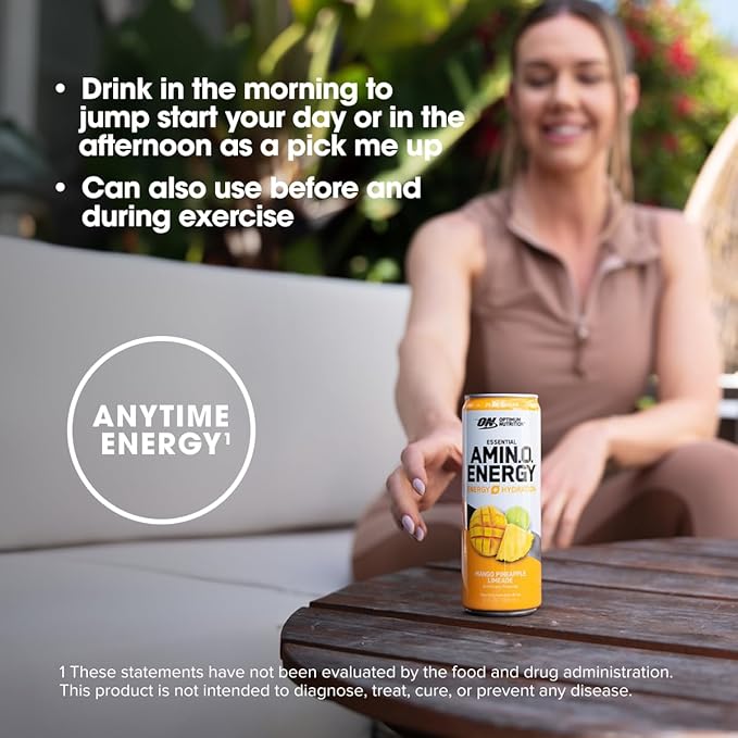 Optimum Nutrition Amino Energy Sparkling Hydration Drink, Electrolytes, Caffeine, Amino Acids, BCAAs, Sugar Free, Mango Pineapple Limeade, 12 Fl Oz, 12 Pack (Packaging May Vary)