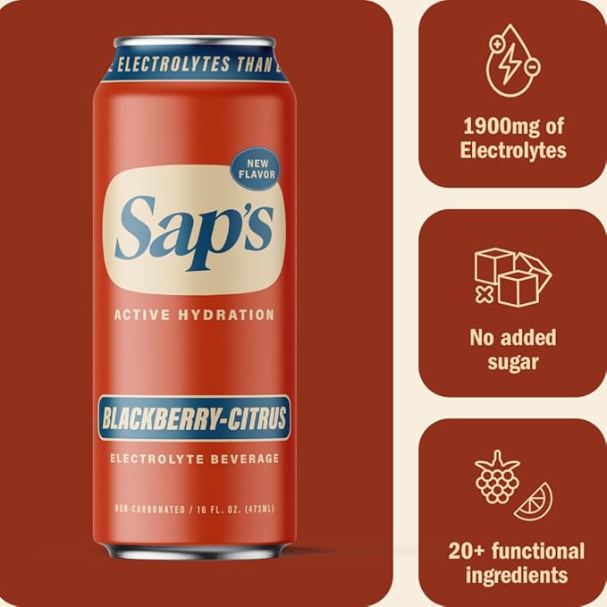 Sap’s Rapid Rehydration Sports Drink - 12 Cans, Blackberry-Citrus with Electrolytes and Adaptogens for Workouts, Wellness - ZERO Artificial Colors, Flavors, or Sugars