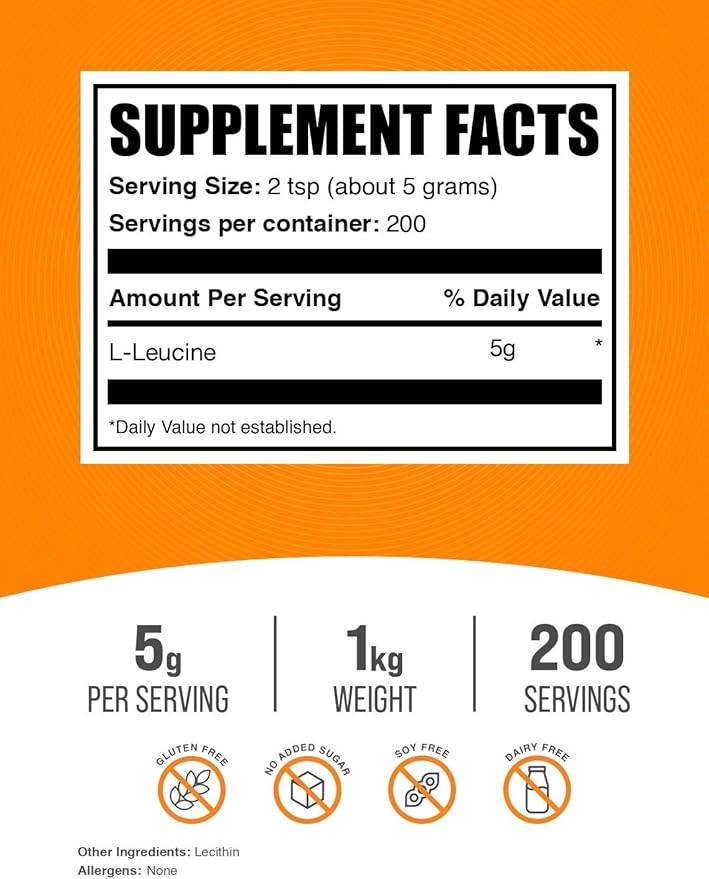 BulkSupplements.com L-Leucine Powder - Leucine Supplements, Leucine Amino Acid - BCAA Supplements, Leucine Powder - Unflavored & Gluten Free, 5000mg per Serving, 1kg (2.2 lbs)