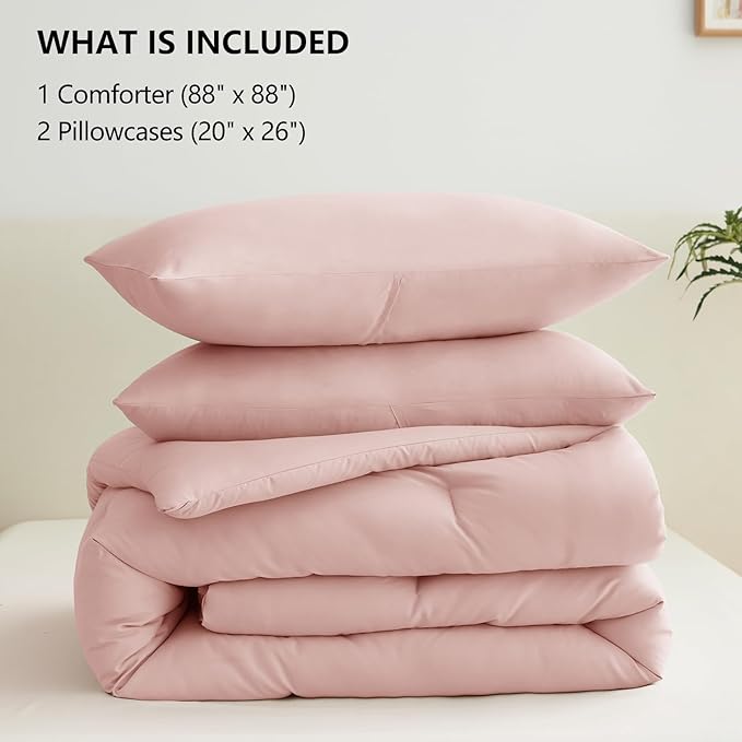 CozyLux Blush Pink Comforter Set Queen Size for Girls, 3 Pieces Women Solid Breathable Quilted Boho Style Bedding Sets, Luxury Fluffy Soft Microfiber Comforter All Season(1 Comforter & 2 Pillowcases)