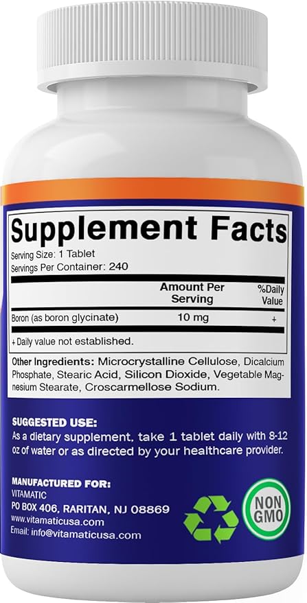 Vitamatic Chelated Boron (as Glycinate) 10mg 240 Tablets - Supports Hormone Balance, Bone Health & Connective Tissue