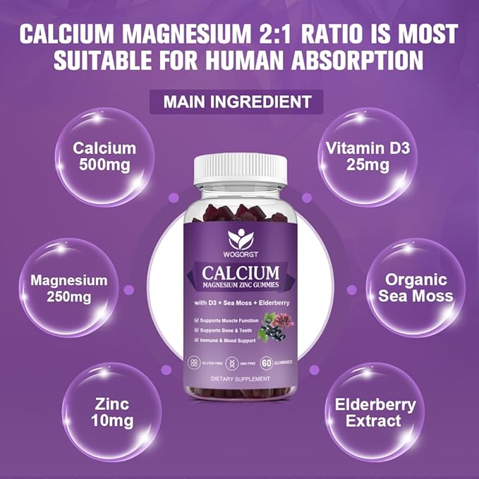 Calcium Magnesium Zinc Gummies with Vitamin D3 - High Absorption Complex Calcium Supplement with Sea Moss, Elderberry for Bone, Muscles, Immune, Mood & Sleep Support, Vegan - 60 Gummies