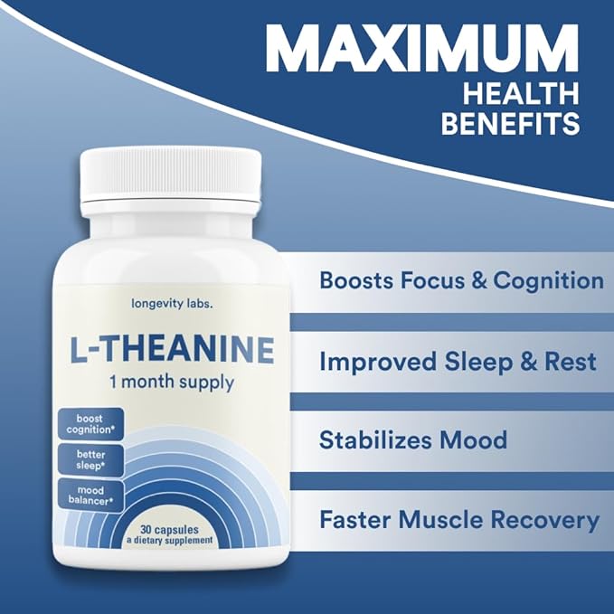 L-Theanine 200mg | 1 Month Supply, 30 Capsules | Non-GMO, Gluten & Caffeine Free | Pure L Theanine 200mg - Supports Sleep Quality, Promotes Calmness & Relaxation