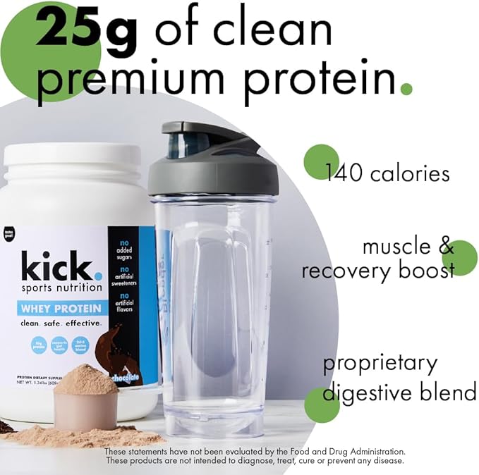 Kick Whey Protein Powder, Chocolate Flavor, 25 G Protein Gluten Free Workout Supplement with Amino Acids to Support Fitness Goals & Gut Health, No Added Sugar, No Artificial Flavor, 16 Servings