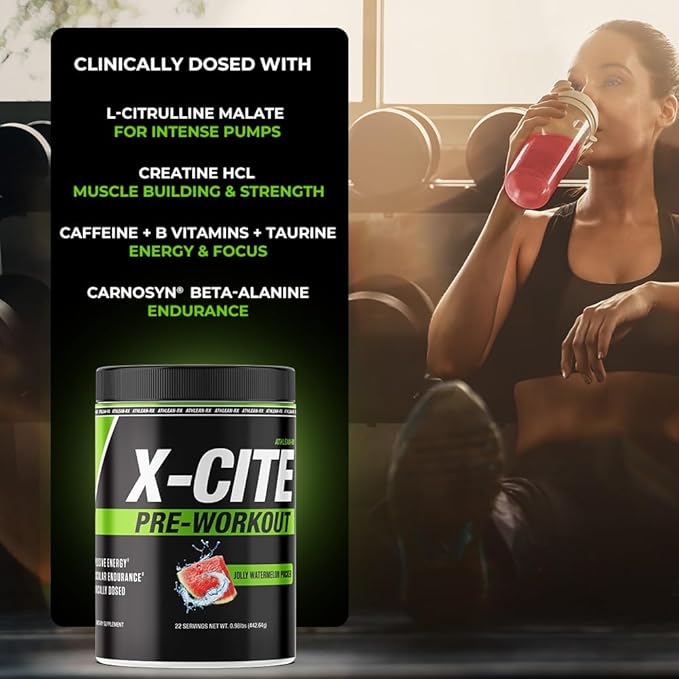 ATHLEAN-X X-CITE Pre-Workout Supplement - Boost Energy, Endurance, and Focus with Natural Ingredients - Jolly Watermelon Pucker