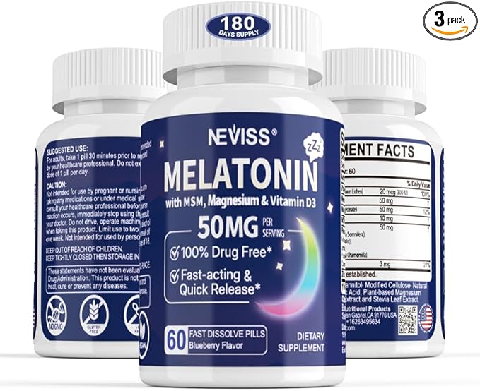 Melatonin 50 mg for Adults - Extra Strength 9-IN-1 Fast Dissolve Sublingual - w/ Vitamin D3 & MSM, Relaxing Herbal Blend-Ashwagandha, Lemon Balm, Passionflower,Chamomile,Sugar Free, Vegan 180 Servings