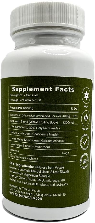 Tree of Life Botanicals - Sleep Mushroom Complex with Magnesium, Melatonin, Reishi, Lion’s Mane, Cordyceps - Calms, Deep Sleep, Restoration (60 Count - 30 Day Supply)
