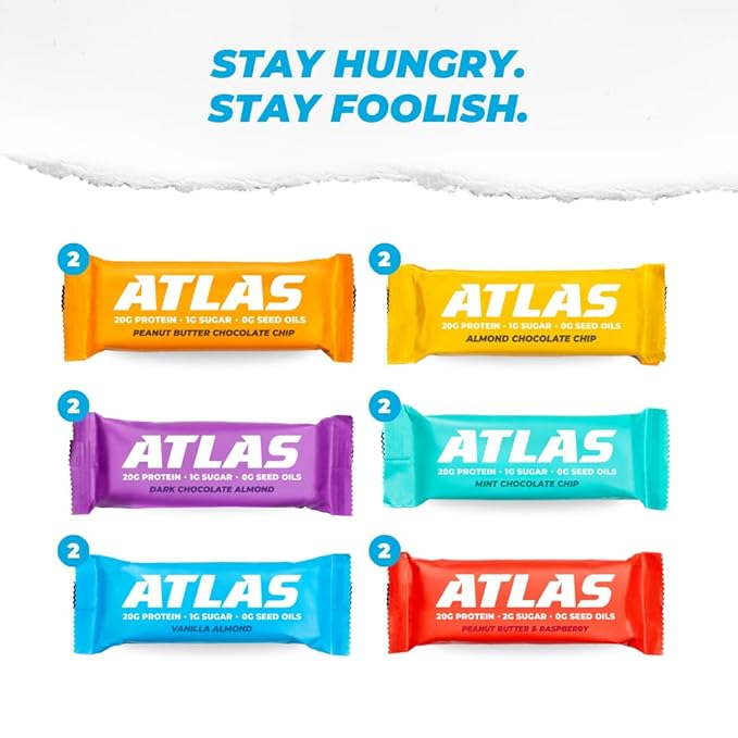 Atlas Protein Bar, 20g Protein, 1g Sugar, Clean Ingredients, Gluten Free (Whey Variety, 12 Count (Pack of 2))
