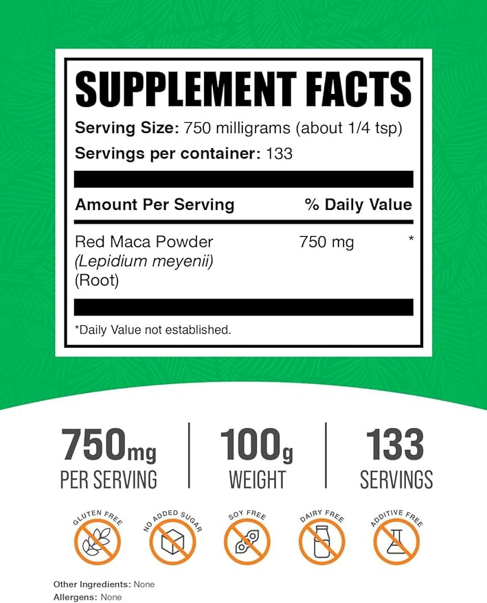 BulkSupplements.com Red Maca Powder - Maca Supplement. Red Maca Powder for Women & Men, Red Maca Root Powder - Vegan & Gluten Free, 750mg per Serving, 100g (3.5 oz) (Pack of 1)