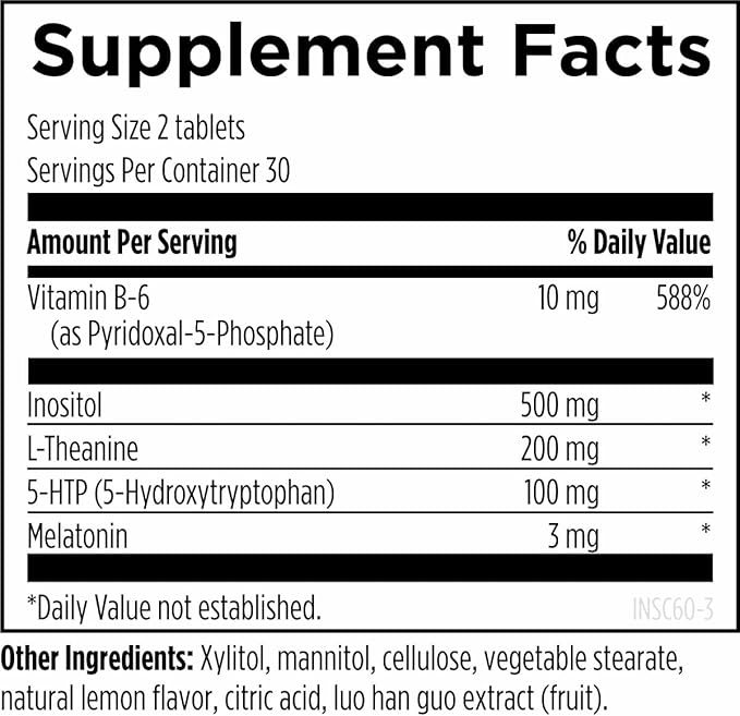 Designs for Health Insomnitol Chewables - Chewable Melatonin - 200mg L-Theanine, 5-HTP, Vitamin B6 + Inositol - Delicious Lemon Flavored Supplement - Vegan (60 Tablets)