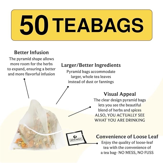 BREWIX, Turmeric Ashwagandha Herbal Tea Bags (50 Pyramid Tea Bags) Real Ingredients From India, Caffeine Free & Naturally Gluten Free | 100% Pure Herbal Blend Packed in Resealable Ziplock Pouch