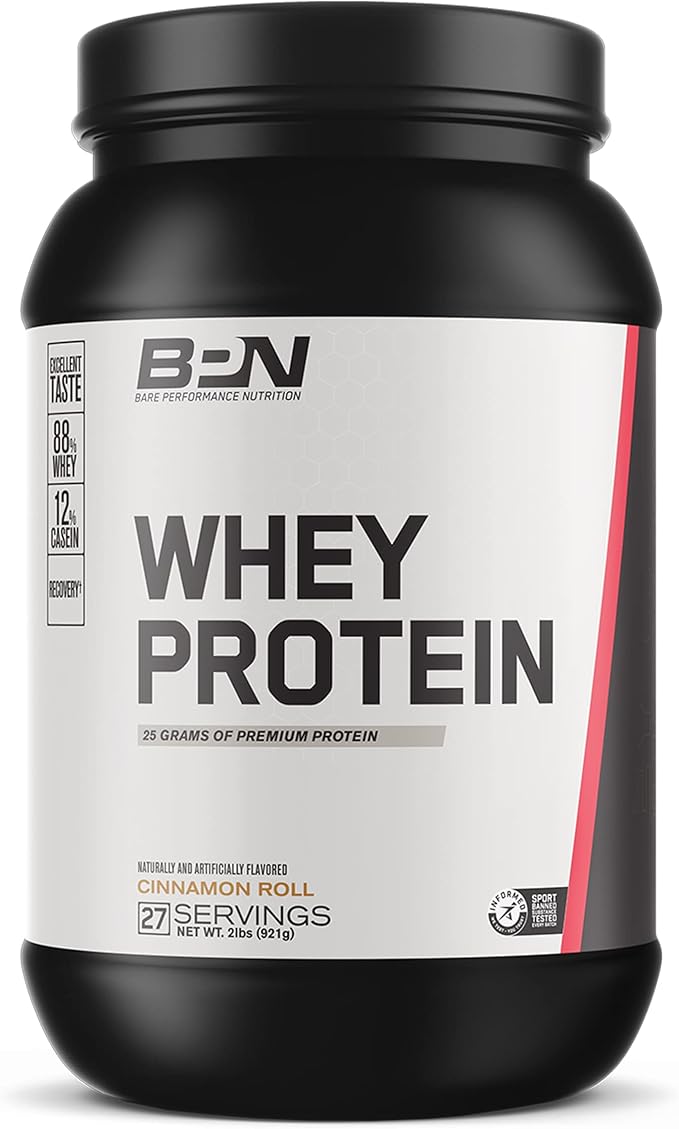 BARE PERFORMANCE NUTRITION, BPN Whey Protein + Casein Protein Powder Blend, Cinnamon Roll 25g Protein per Serving Supports Lean Muscle Recovery, 27 Servings, Third Party Tested