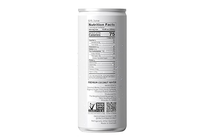 Once Upon a Coconut Sparkling Coconut Water + Caffeine | Electrolyte Drinks for Energy + Focus with Vitamin C - Pack of 12 Cans (each 10.8 fl oz)