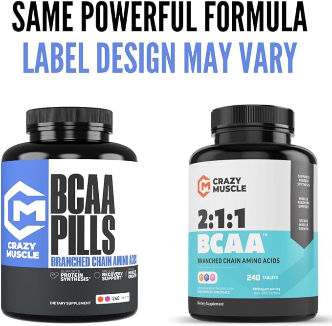 Crazy Muscle 3000mg BCAA Pills (2 Month Supply) with The Optimum 2:1:1 Ratio of Branched Chain Amino Acids for Recovery and Growth - 1000mg BCAAs per Pill (More Than BCAA Capsules) - 240 Tablets