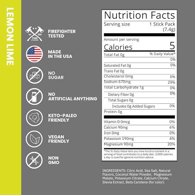 Fire Science Fire Salt Hydration Sticks, Electrolytes & Coconut Water, Hydration Drink Mix with Magnesium, Potassium & Sodium, Zero Sugar, Single Serve On The Go Packs, Lemon Lime Flavor, 32 Count
