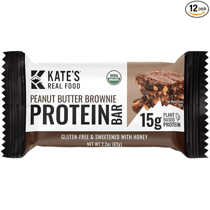 Kate’s Real Food Organic Protein Bars – (Peanut Butter Brownie, 2.2 oz, Pack of 12) – Plant Based Protein Bars - Gluten Free, Soy Free, Non GMO, Whole Grains, and All Natural