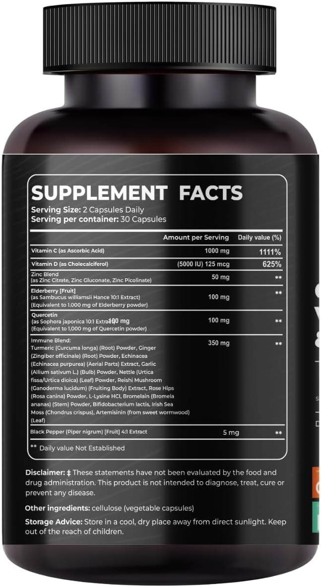 Strength Quercetin with Bromelain, Zinc, Vitamin C & D, Elderberry – Immune & Lung Support Supplement for Women & Men - Artemisinin, Sea Moss, Echinacea & Allergy Relief – Vegan 60 Capsules
