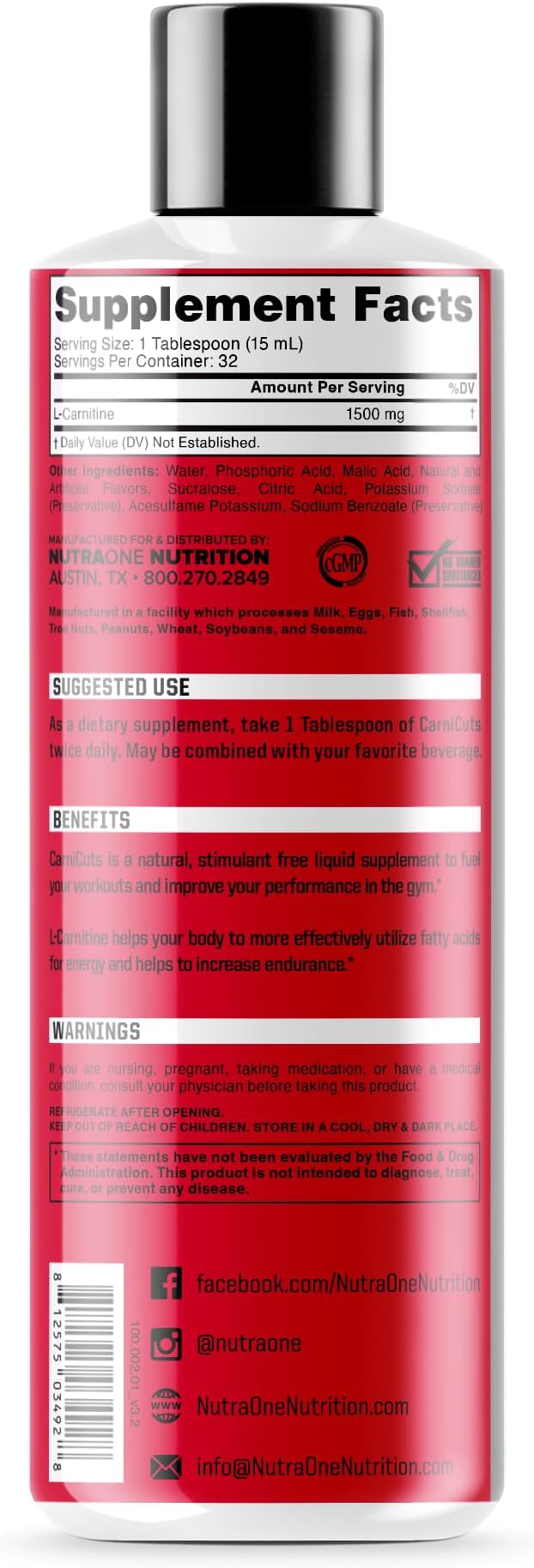 NutraOne Carnicuts L-Carnitine Liquid Supplement Stimulant Free* (Berry Blast - 32 Servings)