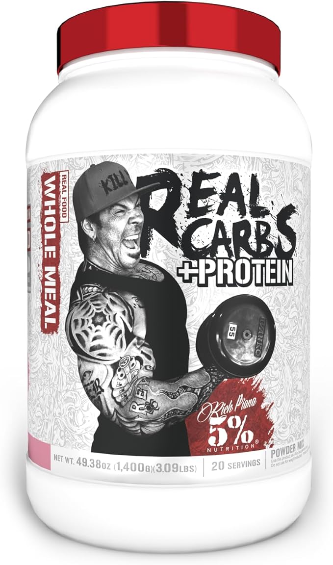 5% Nutrition Rich Piana Real Carbs + Protein | Clean Mass Gainer Meal Replacement Protein Powder | Carbohydrate for Pre Workout/Post-Workout Recovery Meal | 3 lb, 20 Srvgs (Birthday Cake + Protein)