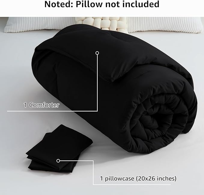 CozyLux Black Comforter Set Twin/Twin XL Size, 2 Pieces Twin Extra Long Boho Solid Breathable Quilted Style Bedding Sets, Luxury Fluffy Soft Microfiber Comforter All Season(1 Comforter & 1 Pillowcase)