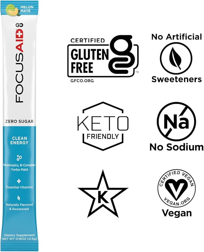 FOCUSAID GO Nootropics Energy Blend, Zero Sugar, Alpha-GPC, GABA, B-Complex, Yerba Mate, Green Tea, Keto Friendly, 100mg Natural Caffeine (Pack of 14)