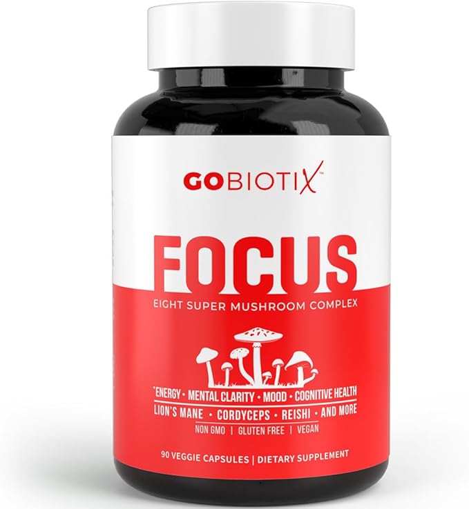 GOBIOTIX Focus Lions Mane Supplement - Mushroom Complex - Nootropics Adaptogen Vitamins - Memory, Clarity, Energy, Immune Support, Cordyceps, Reishi, Chaga, and Maitake - 90 Capsules