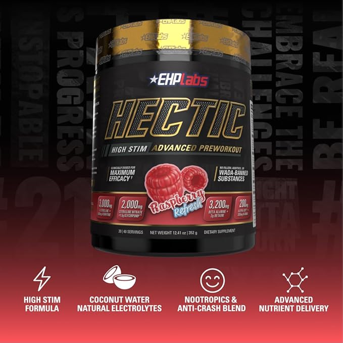 EHP Labs Hectic PreWorkout - High Stim Advanced Pre Workout Powder for Max Performance - Caffeine, Beta Alanine, Coconut Water - Energy, Pump, Recovery & Hydration - 40 Serves (Raspberry Refresh)